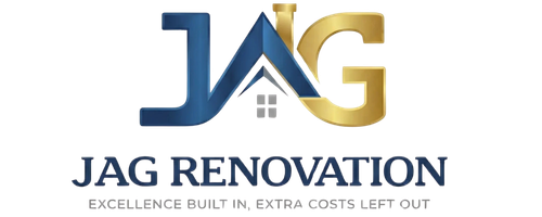 Logo for JAG Renovation with the letters "JAG", where the "A" is stylized as a house roof and window. Below, text reads: "JAG RENOVATION. Excellence Built In, Extra Costs Left Out.