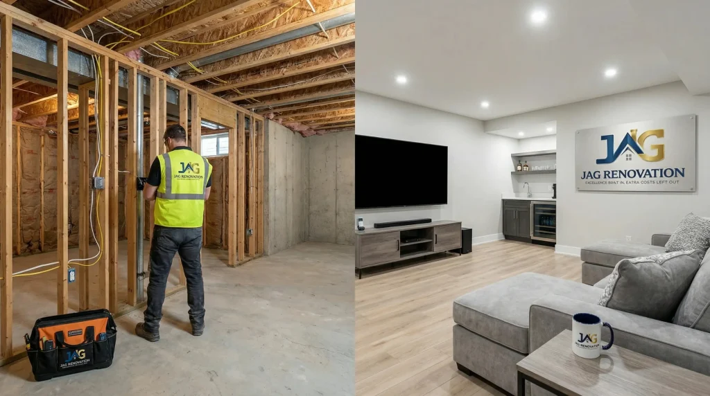 Split image of a basement before and after renovation: on the left, exposed framing and insulation; on the right, a modern living space by JAG Renovation—your trusted general contractor in Suffolk County, NY.