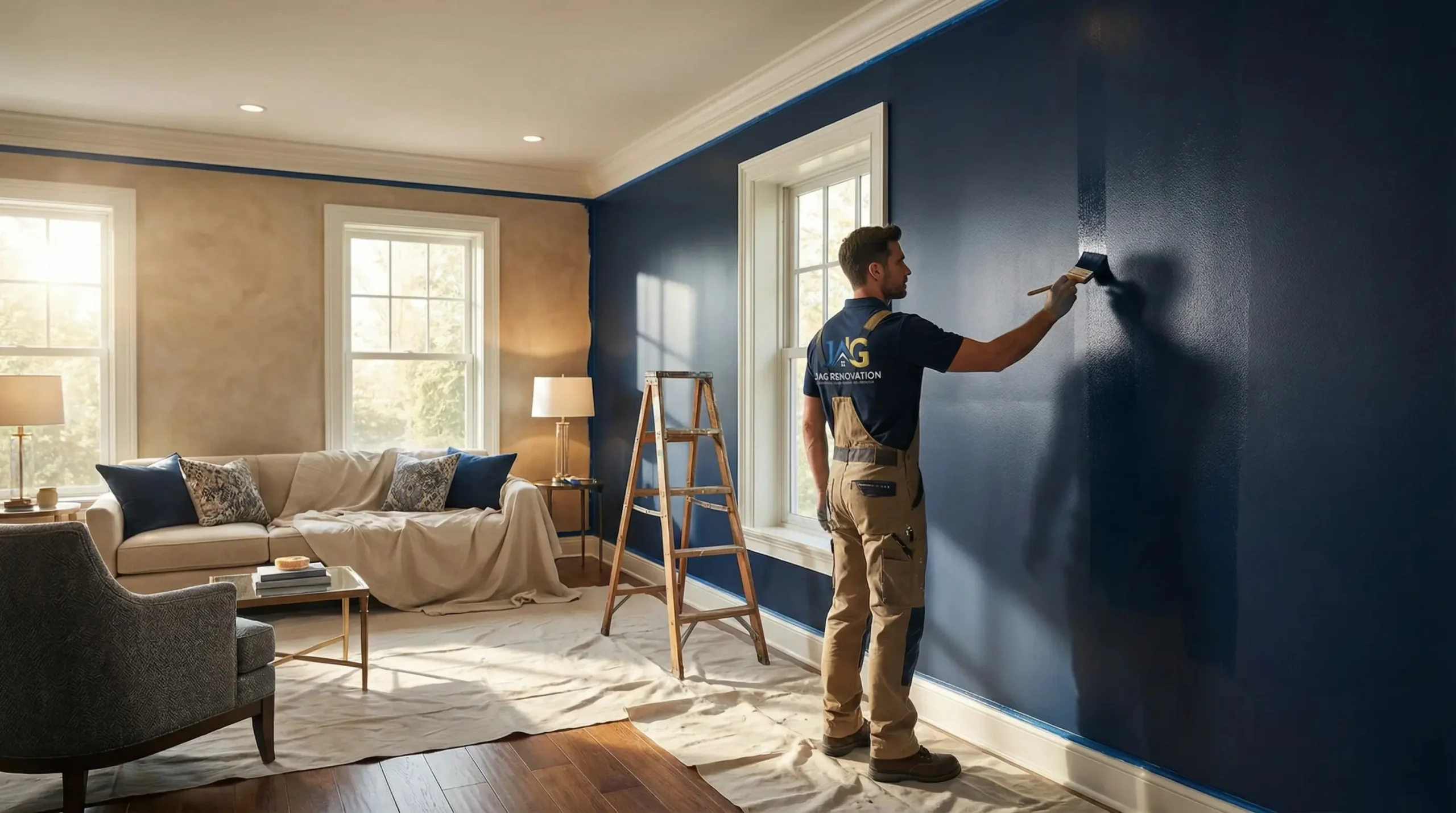 A man, possibly a general contractor in Suffolk County, NY, paints a living room wall dark blue. He stands on a drop cloth near a ladder; the bright room features natural light, a beige sofa, lamps, and windows with white trim.