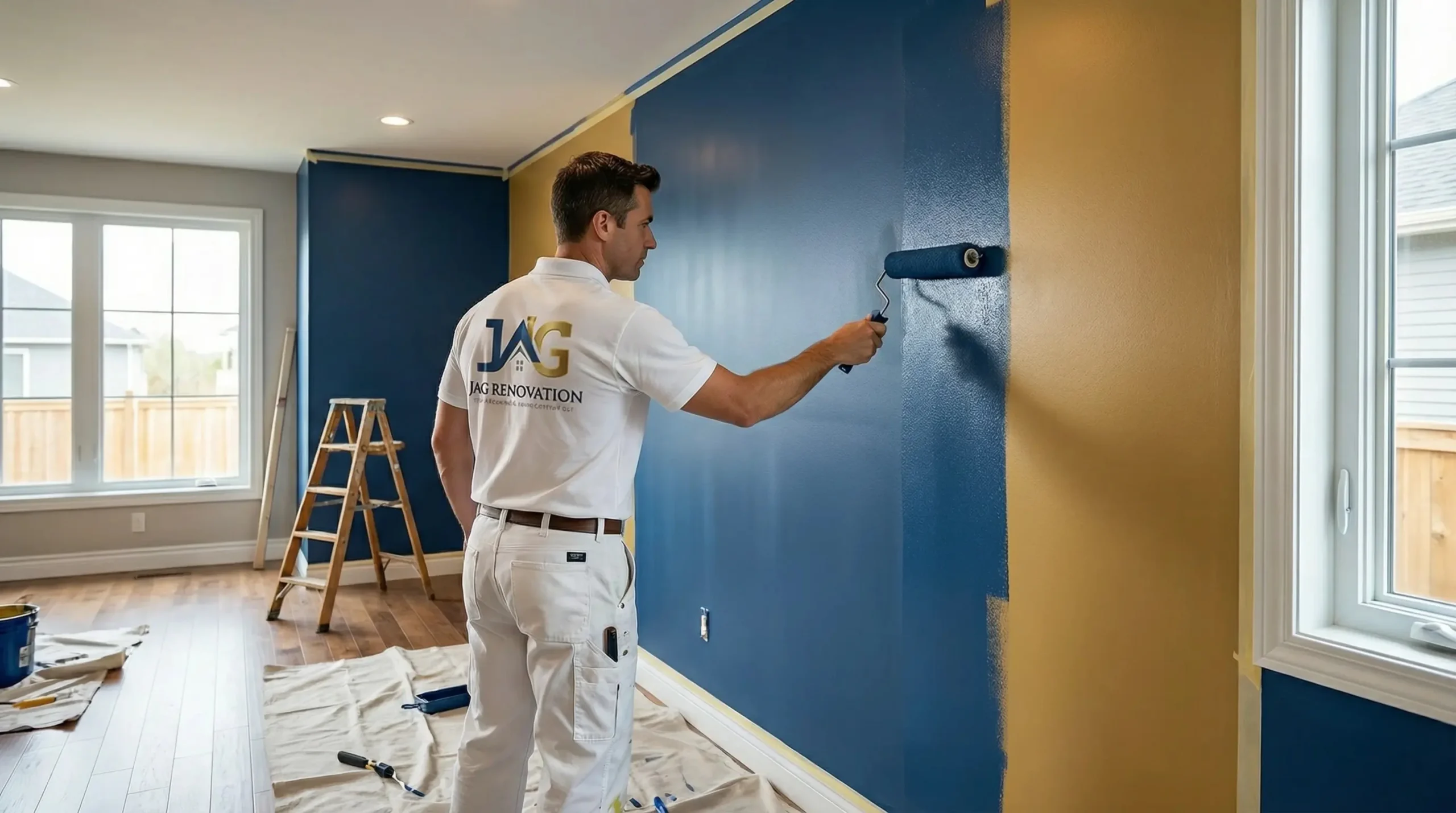 A man in white work clothes, likely a general contractor in Suffolk County, NY, paints a wall blue with a roller in a bright room. The wall was previously yellow. A ladder, painting supplies, and drop cloths cover the wooden floor.