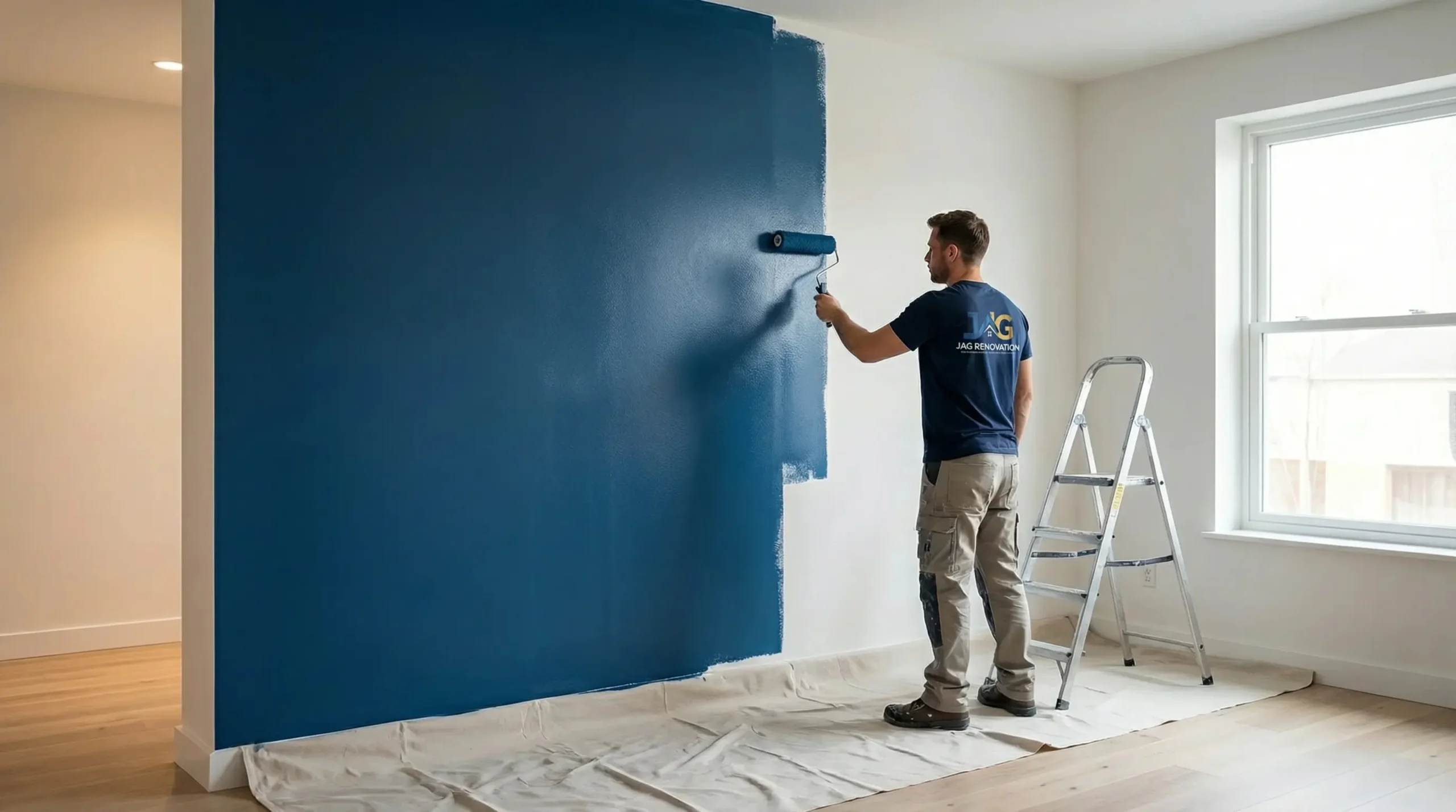 A general contractor in Suffolk County, NY uses a roller to paint a large wall blue in a bright room. A stepladder and drop cloth are nearby as sunlight streams through the window.