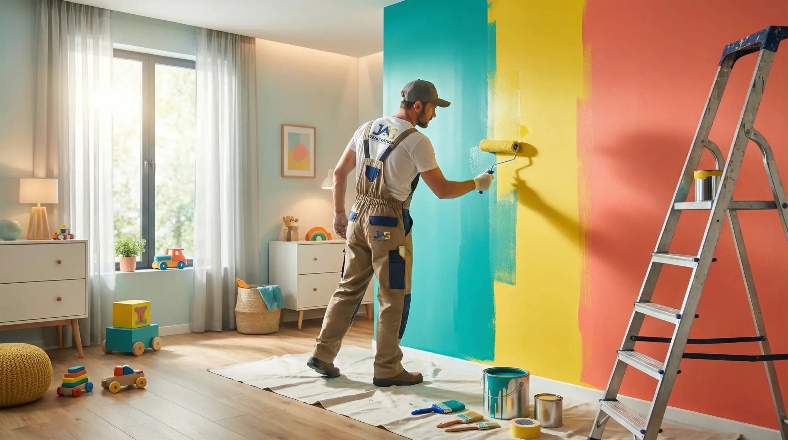 A general contractor in Suffolk County, NY, wearing overalls and a cap, paints a wall in a bright, modern room with teal, yellow, and coral accents. Painting tools and cans rest on a drop cloth as sunlight streams through the large window.