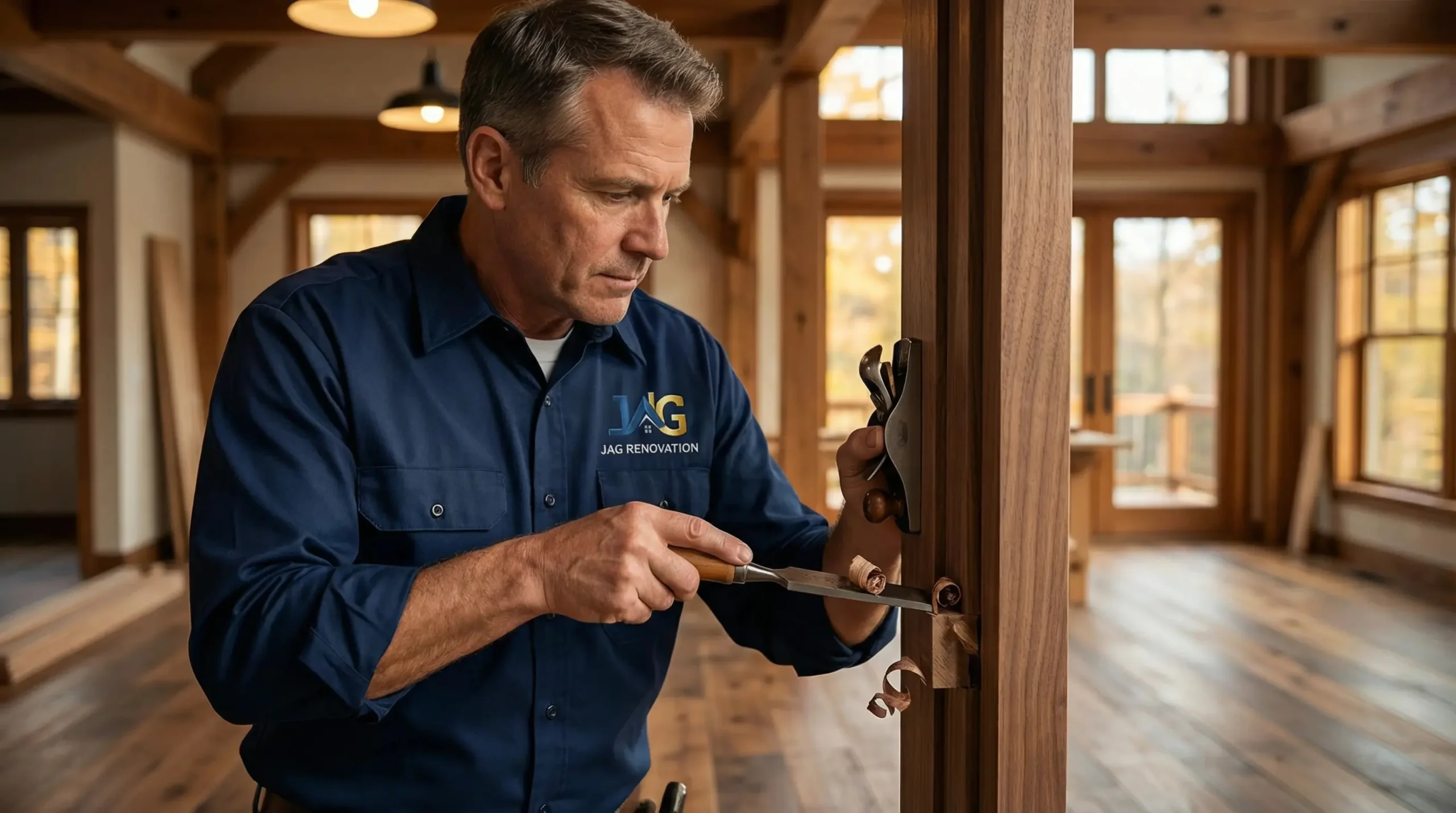 A man in a blue work shirt uses a chisel and hammer to carve wood on a door frame inside a well-lit, modern rustic NY home by General Contracting Suffolk County, featuring large windows and wooden floors.