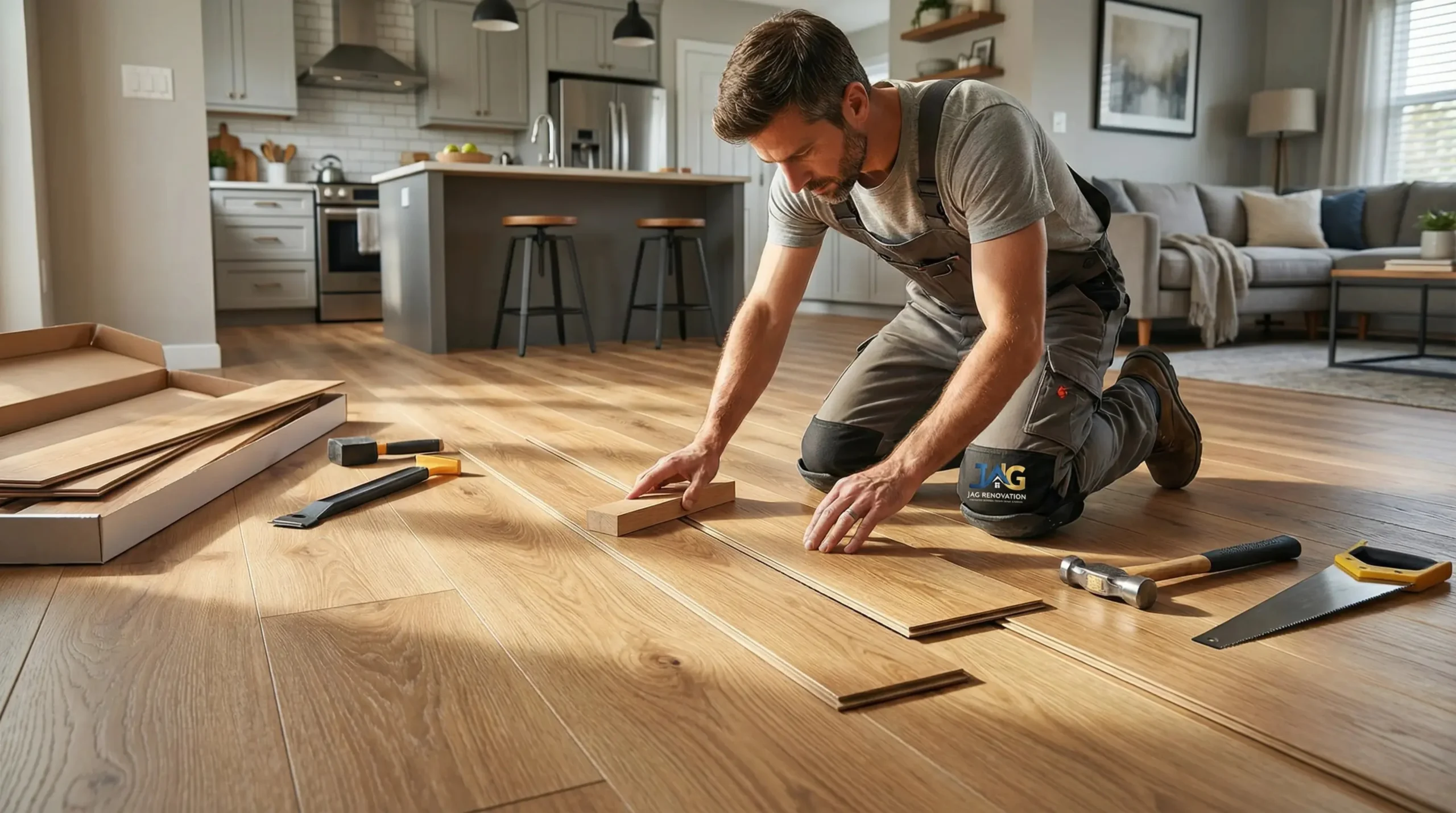 A general contractor in Suffolk County, NY, kneels on a wooden floor, installing new floorboards in a modern kitchen. Various tools and materials are scattered around him as he carefully aligns the boards.
