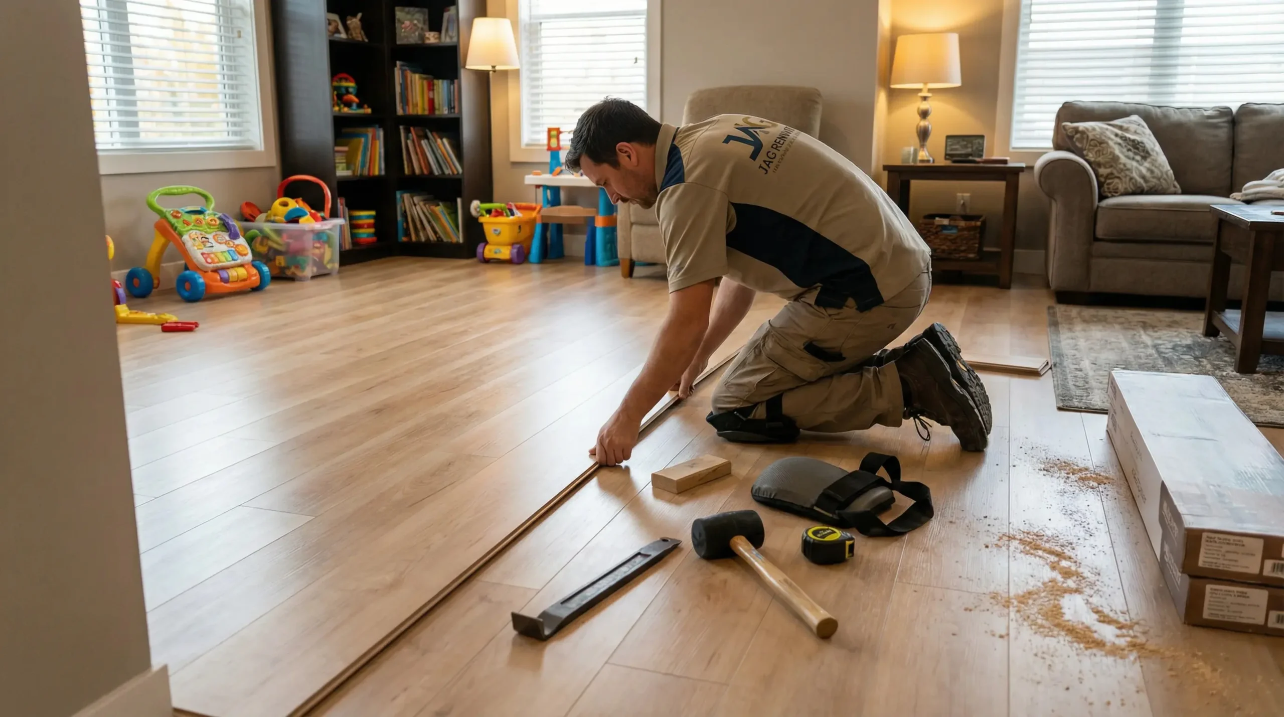 A person, possibly a general contractor in Suffolk County, NY, kneels on a wooden floor in a living room, carefully measuring and aligning floorboards. Tools like a tape measure and mallet are nearby; toys and bookshelves fill the background.