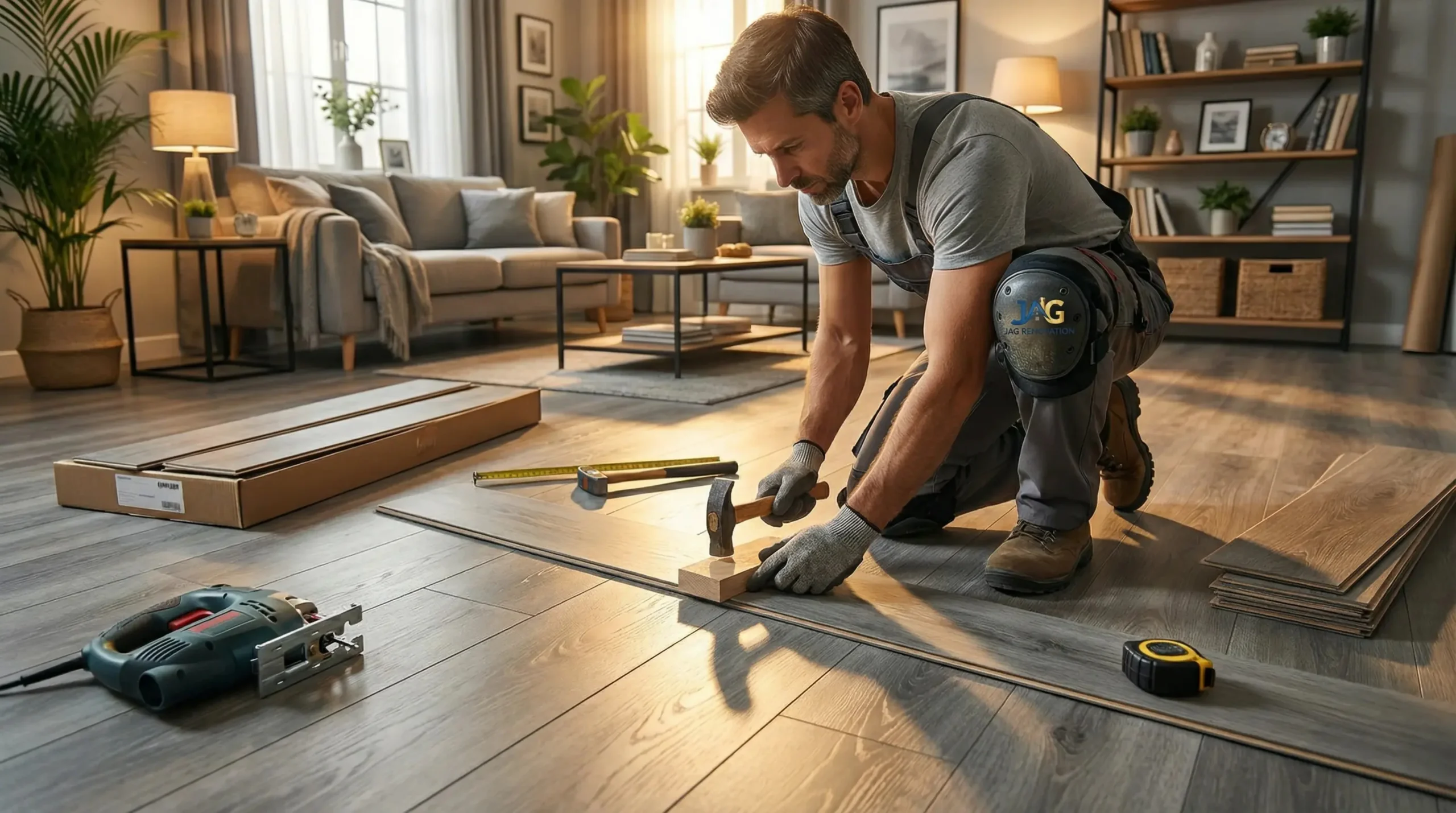 A man wearing gloves and kneepads installs wooden flooring in a sunlit NY living room, surrounded by tools and unpacked materials, with a sofa and shelves visible&mdash;the work of a skilled general contractor Suffolk County residents trust.