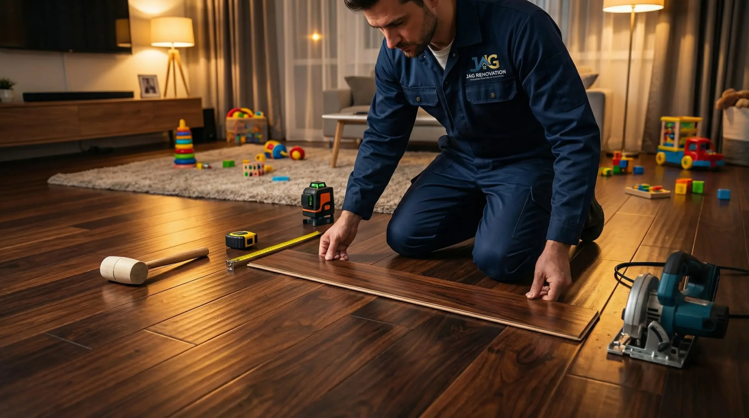 A man in blue overalls, possibly a general contractor Suffolk County, NY, measures a wooden plank on a living room floor. Toys and furniture in the background suggest a family home setting.