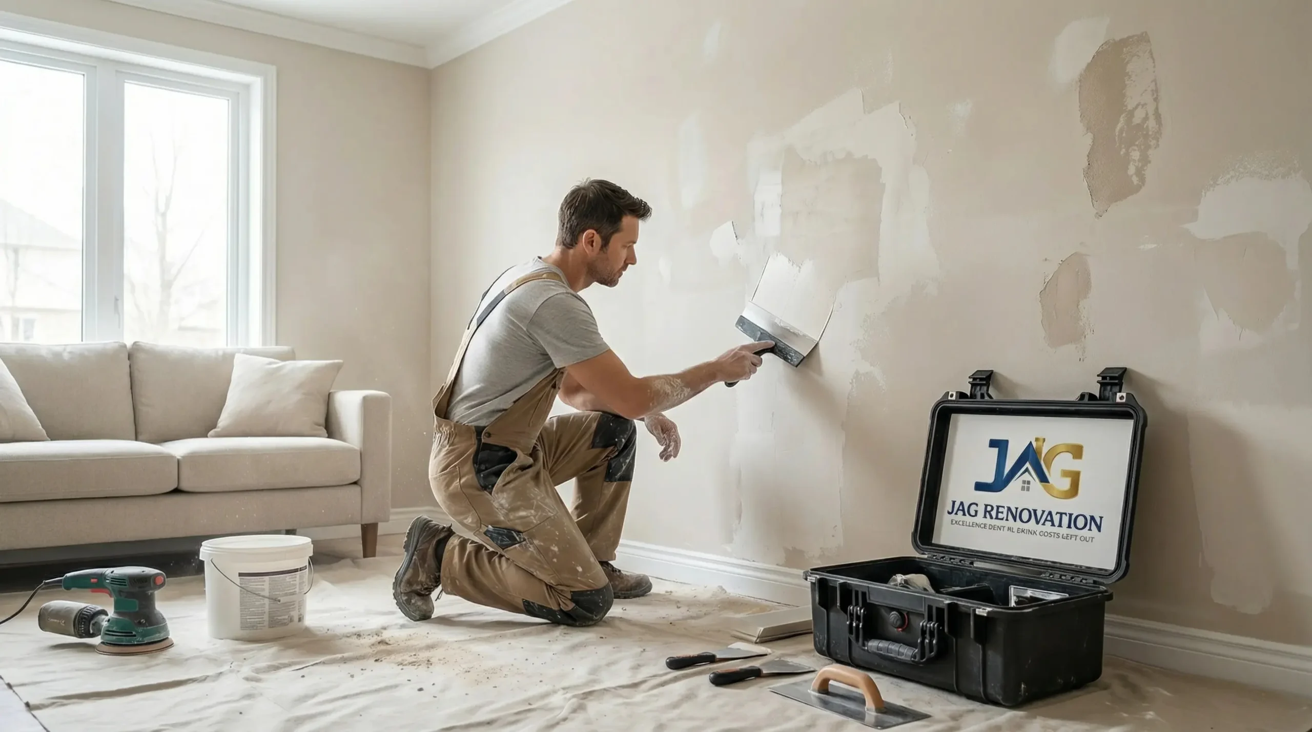 A man in overalls, working as a general contractor in Suffolk County, uses a trowel to apply plaster to a living room wall. Tools and a "JAG Renovation" case rest on a drop cloth, with a beige sofa in the background&mdash;NY quality shows throughout.
