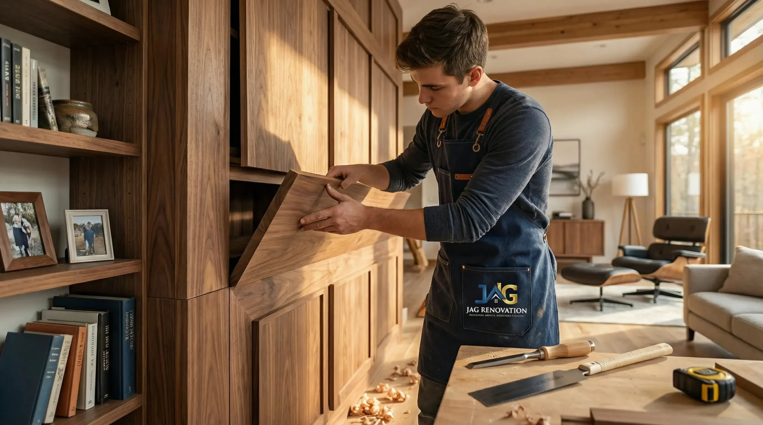 A young man wearing a blue apron installs a wooden cabinet panel in a bright, modern NY living room. Wood shavings and tools are on the nearby table, and books and photos are on shelves in the background. General contractor Suffolk County services available.