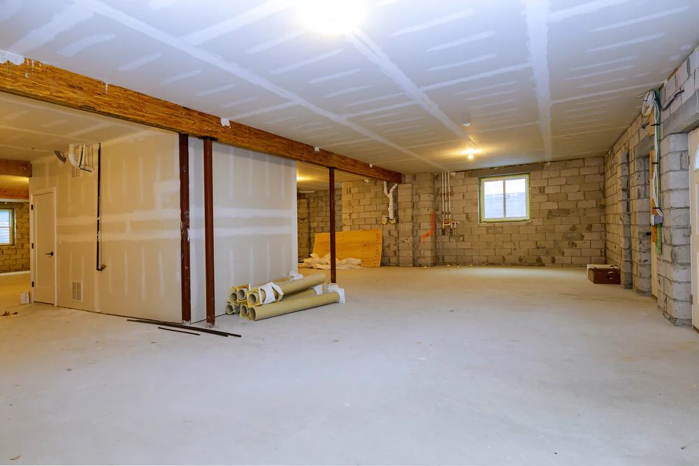 Unfinished basement with concrete block walls, exposed beams, rolled insulation, construction materials on the floor, and a small window letting in natural light.