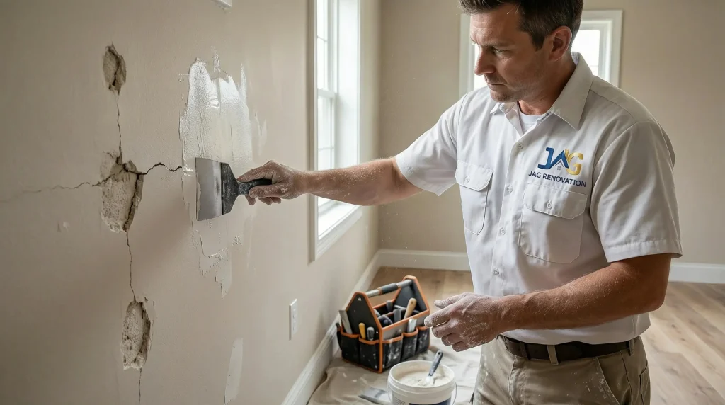 A man in a white shirt repairs a cracked wall with joint compound using a putty knife. A tool bag and paint supplies sit nearby on the wooden floors of a well-lit room—typical of General Contracting Suffolk County, NY projects.