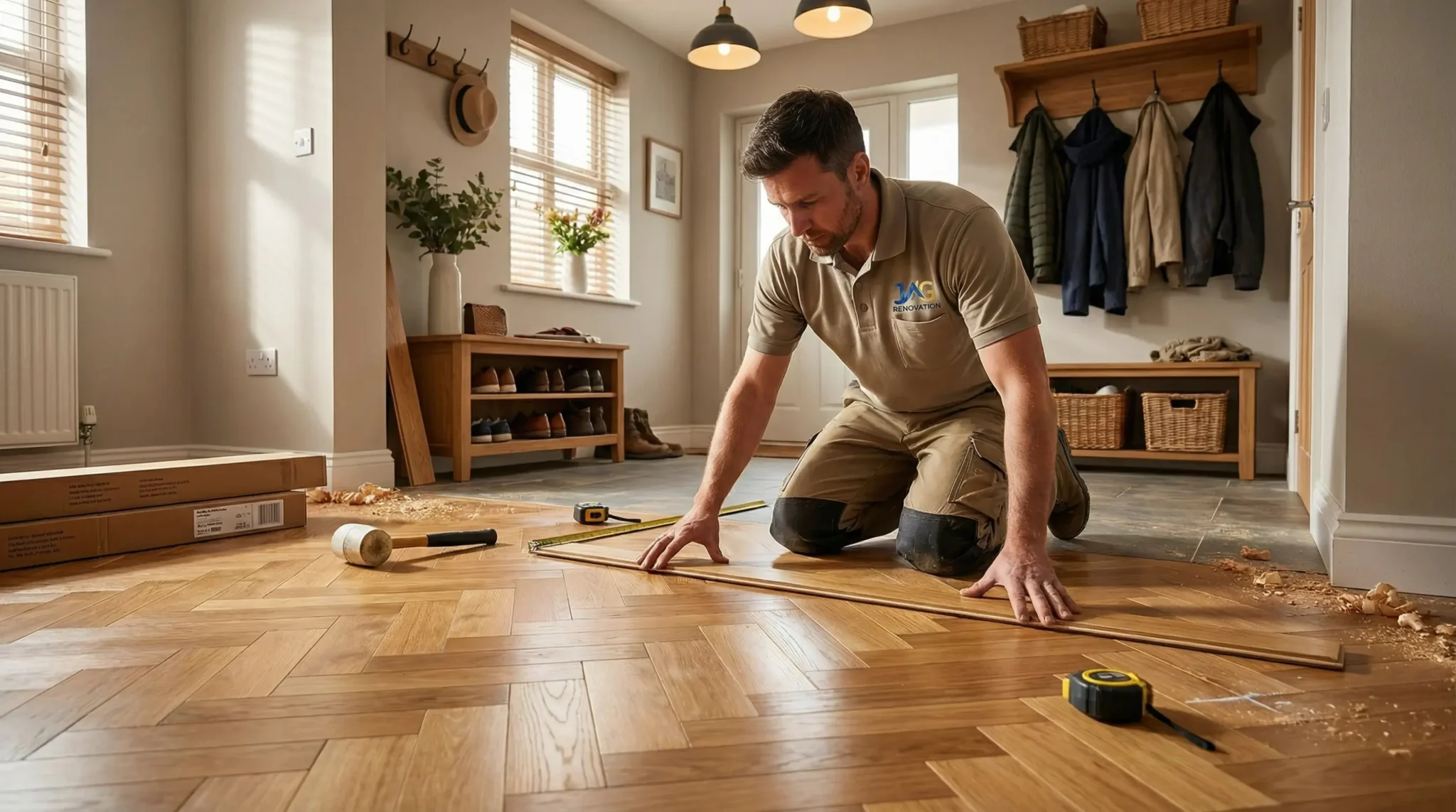 A man kneels on the floor, installing wooden parquet flooring in a well-lit, tidy entryway. Tools like a mallet and tape measure lie nearby&mdash;a scene typical for General Contracting Suffolk County, NY projects. Coats and baskets are visible in the background.
